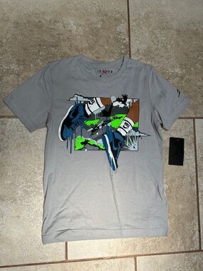 Jordan Kids Gray Tee with Blue and Neon Green Sneaker Graphic